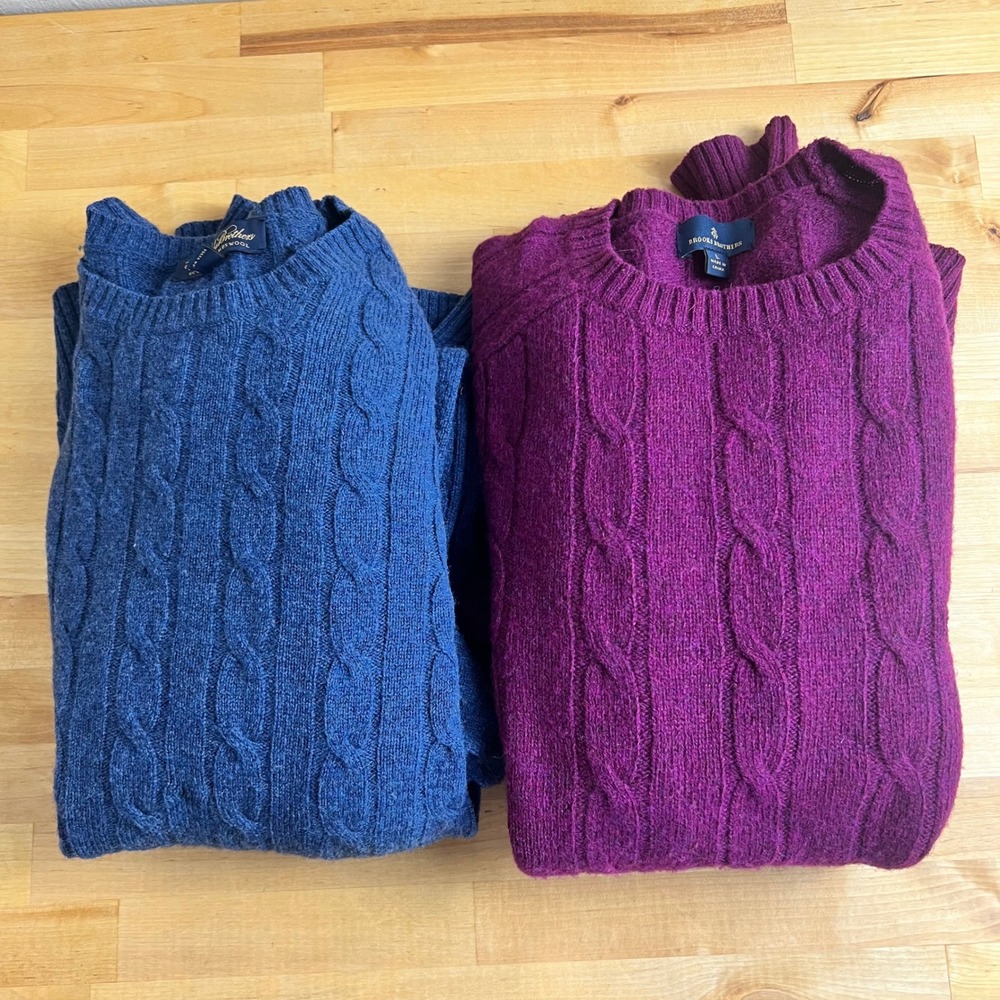 Brooks Brothers Wool Sweaters HOLES Cable Knit Men Size L Blue Purple (2) Flaws